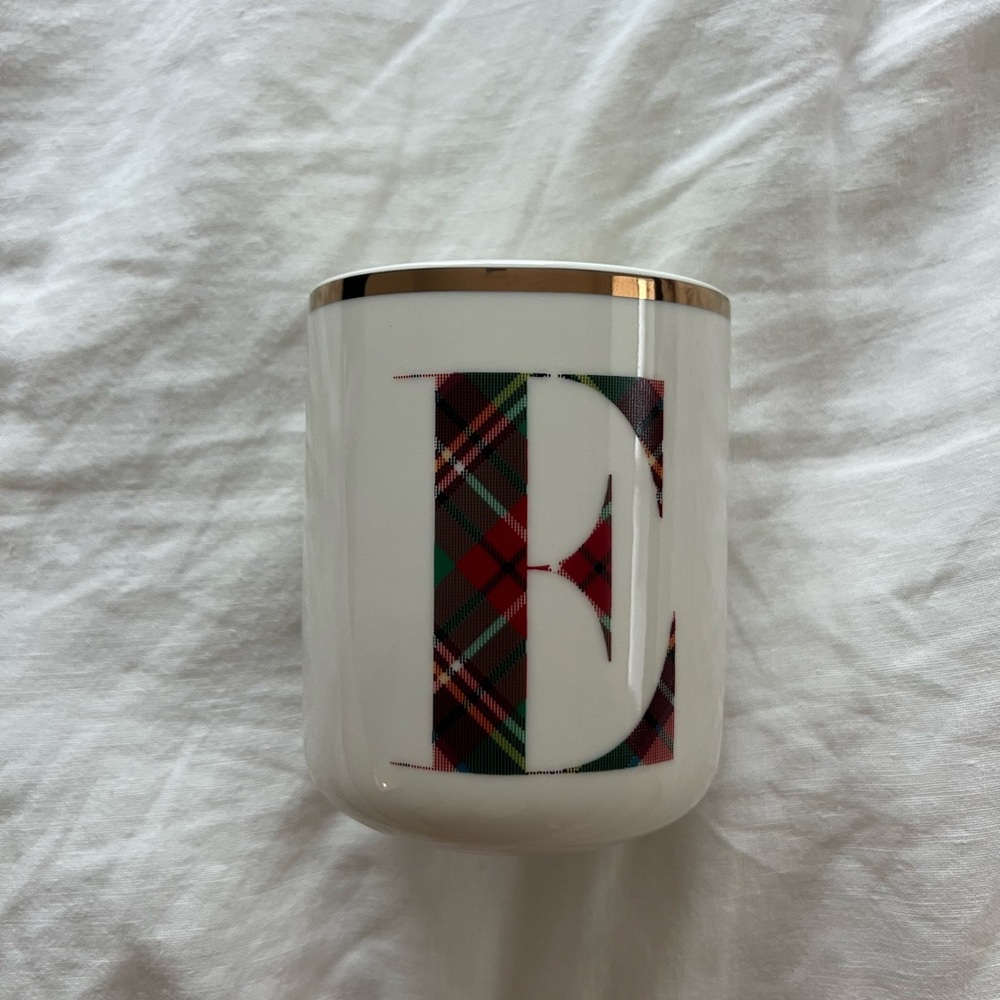 Pottery Barn Ivory Holiday Ceramic Scented Candle, Monogram “E”